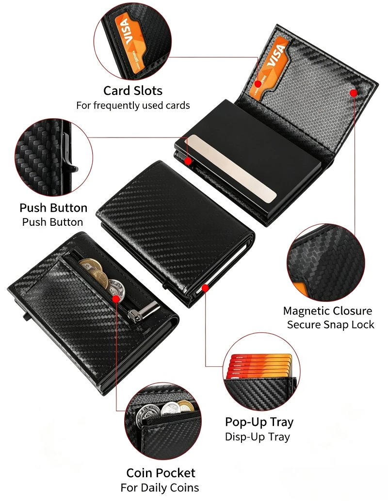 Trifold Wallet for Men with Cash Pocket ID Window 6-8 Cards,Metal Case Pop Up RFID Credit Card Holder Flip with Magnetic Closure