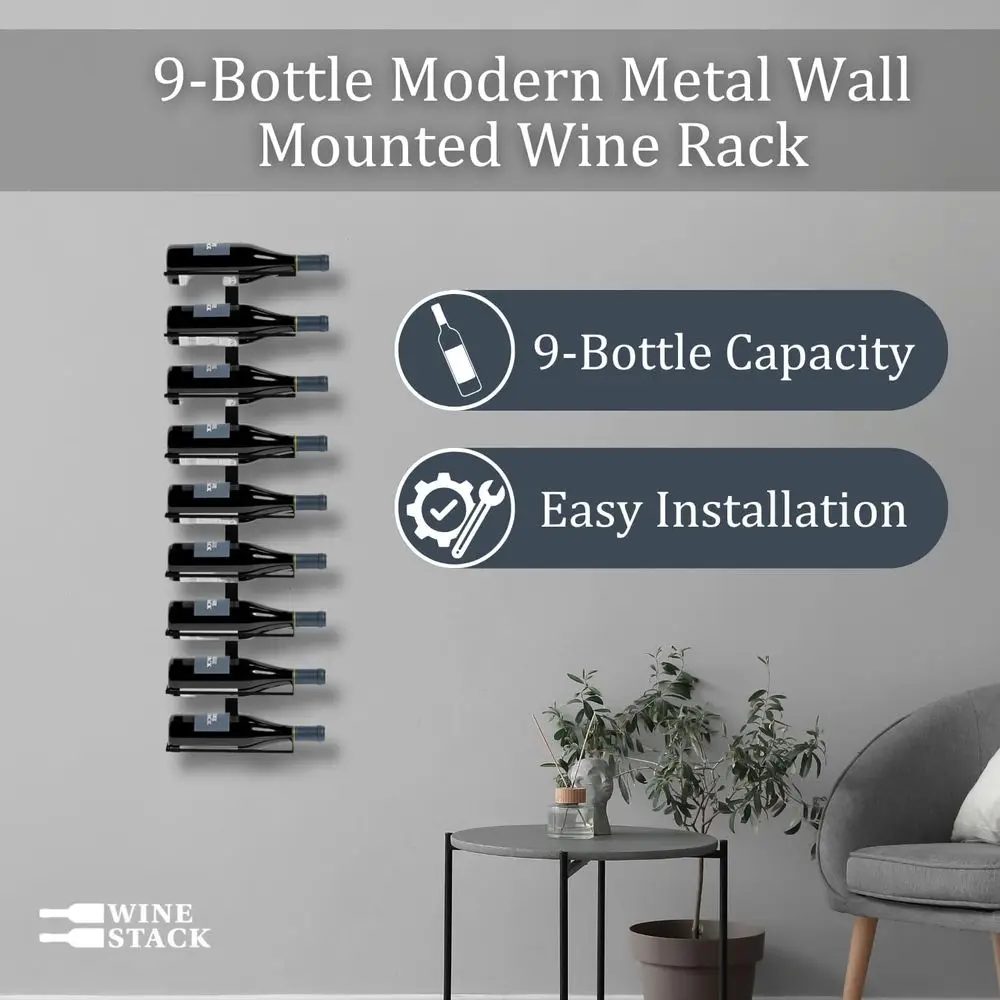 Modern Industrial Wall-Mounted Wine Rack for 9 Bottles - Sleek Storage for Home Bar, Kitchen, and Dining