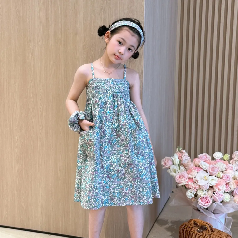 2026 Summer Girls' New Dress floral patterns Sweet French spaghetti strap dress sleeveless dress