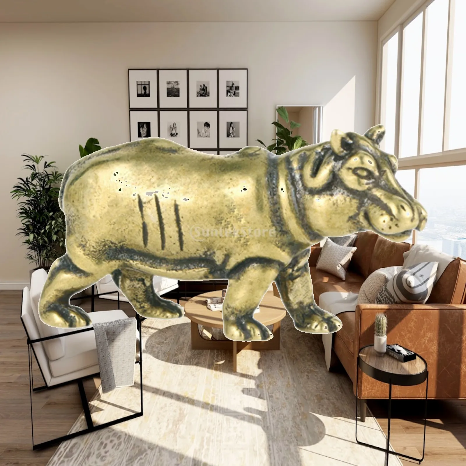Brass Hippo Miniature Figurine Statue Tea Pet Hippopotamus Figurine Collectible for Office Study Room Car Bedroom Living Room