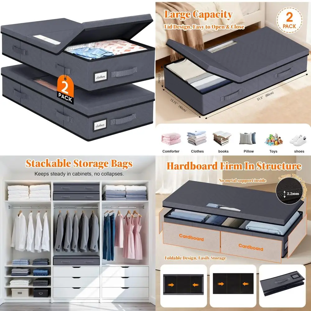 

2-Pack Foldable & Stackable Underbed Storage Boxes with Clear View, Handles, Label Slot - Grey
