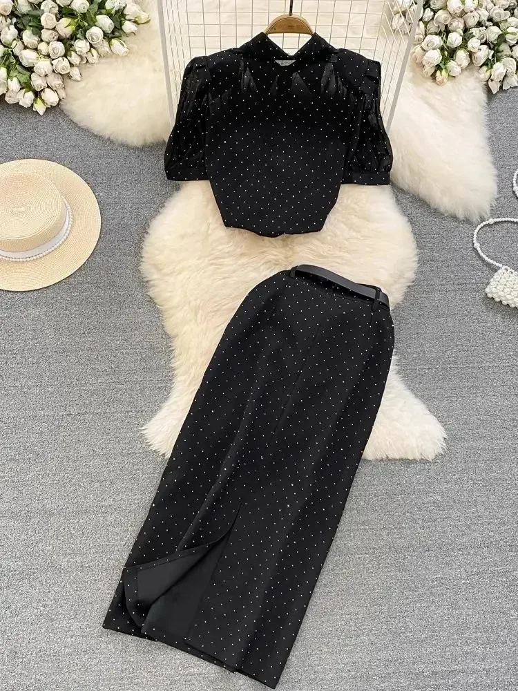 

Elegant Black Two Piece Set Women Short Puff Sleeve Dot See Through Chiffon Blouse Shirt + Belt Long Split Skirt Suits