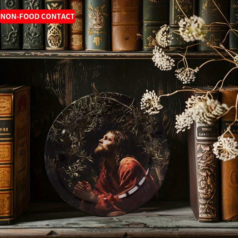 1pcOriental Zen Ceramic Decorative Plate Red Robe Monk Kneeling Under Tree Art Wall Hanging Home Decor Non Food ContactPerfect
