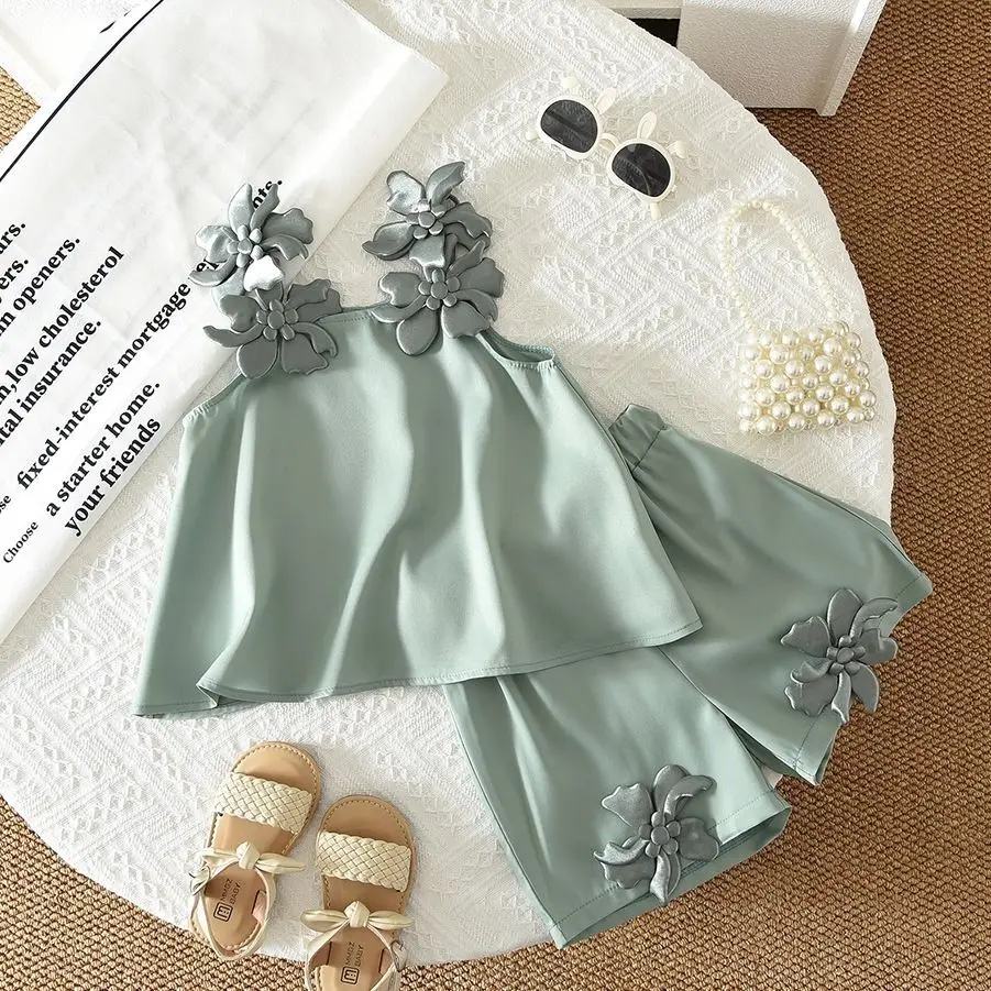 Three-dimensional Flower Suspender Top Shorts Two-piece Set New Girls' Summer Clothing Set Girls' Summer Outfit
