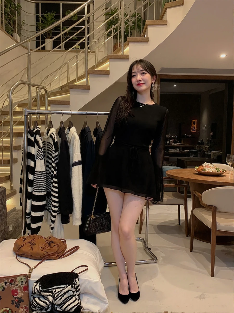 Robe noire à manches longues pour femmes, coupe cintrée, Style français, motif à pois, Vintage, cercle, patineuse, évasée, Simple, Pure