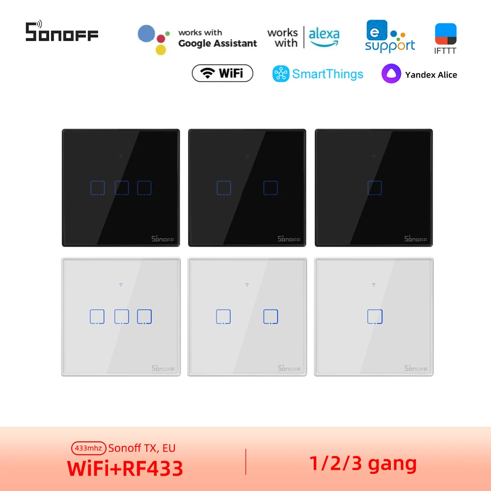 SONOFF T2 T3 EU 1/2/3 Gangs Smart Wifi Wall Touch Switch 433mhz RF Remotes Work With Alexa Smartthings Yandex Alice Google Ifttt