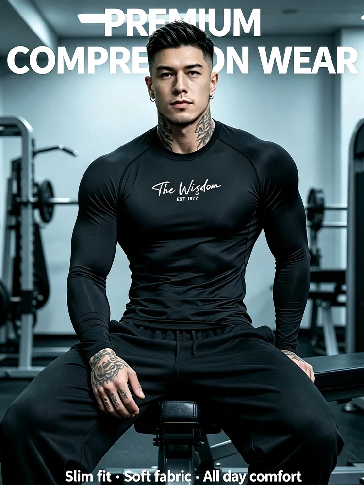 Men Quick‑Dry Compression Long‑Sleeve Shirt Slim‑Fit Moisture‑wick Gym Workout Training Top Running Fitness Athletic T‑Shirt-T99