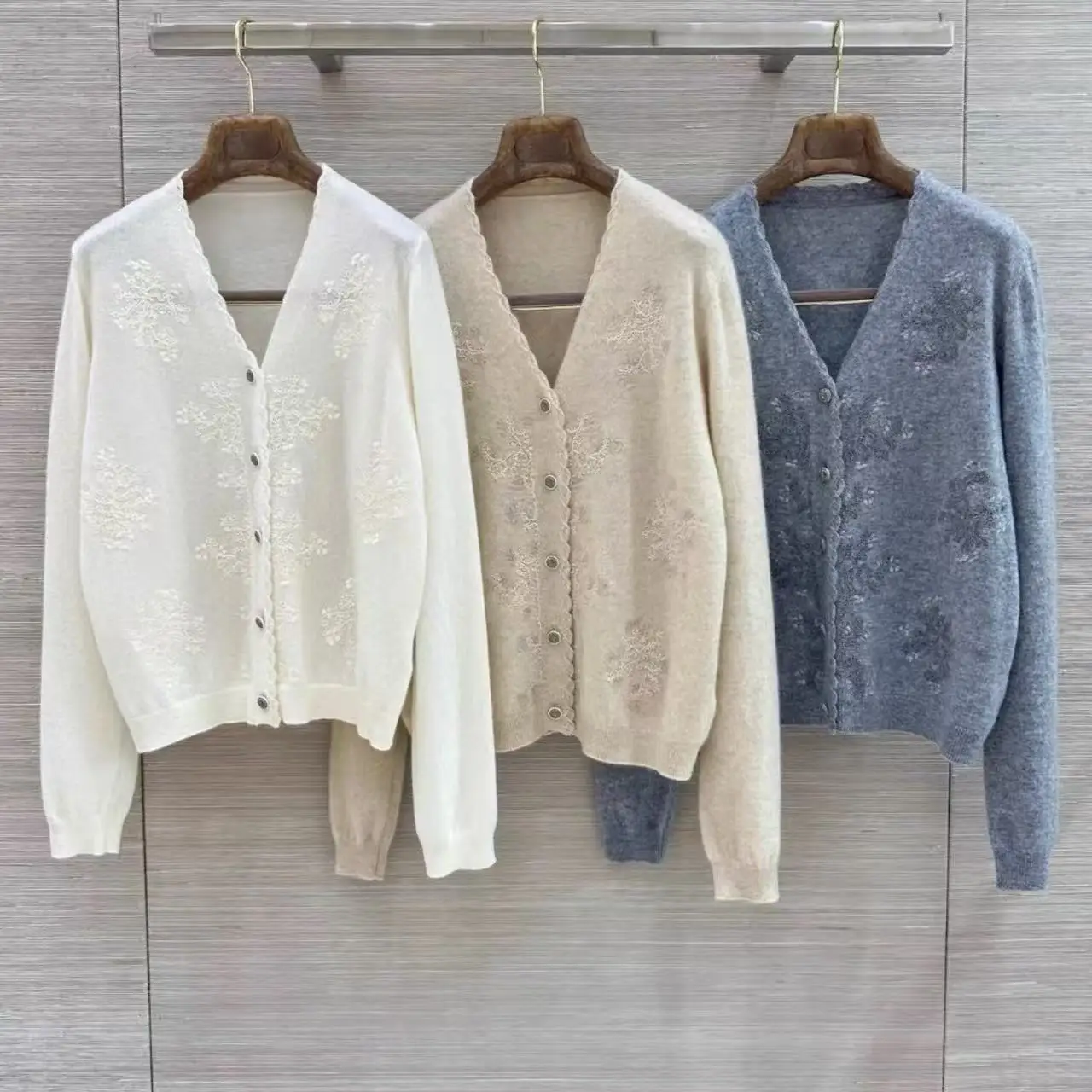 Women Cashmere Knit V Neck Cardigan Versatile Lace Embroidery Sweater For Work Daily Casual Dating White Beige Gray