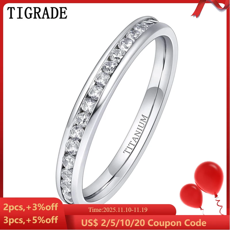 

Женское титановое кольцо вечности TIGRADE 2 мм с фианитом, Размер ремешка 3-13,5