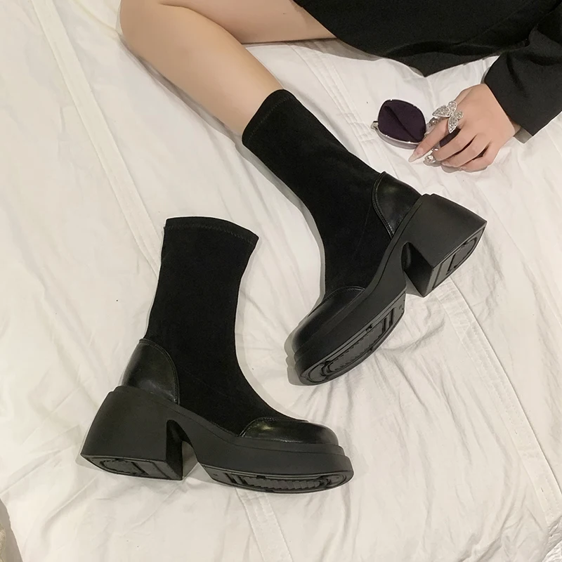 

Autumn Winter Stretch Ankle Boots Women 2024 Slip On Chunky Platform Goth Boots Woman Thick Soled Short Booties Female Shoes