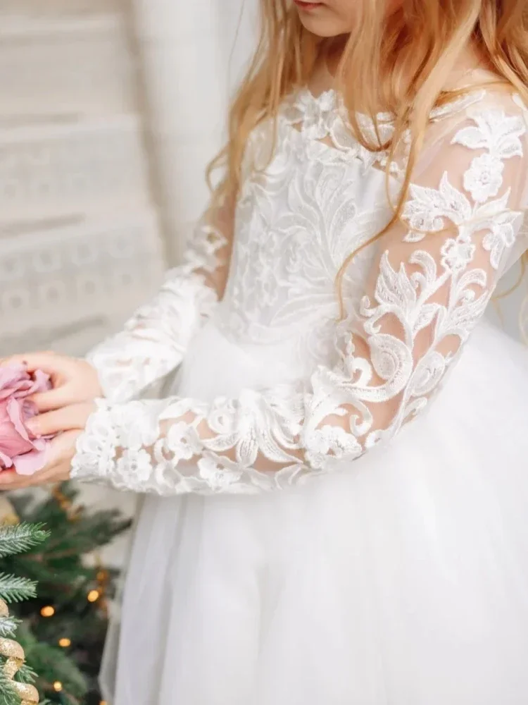 White Lace Appliques Long Sleeve For Wedding Birthday Prom Banquet Holy Communion Gowns Customized Flower Girl Dresses