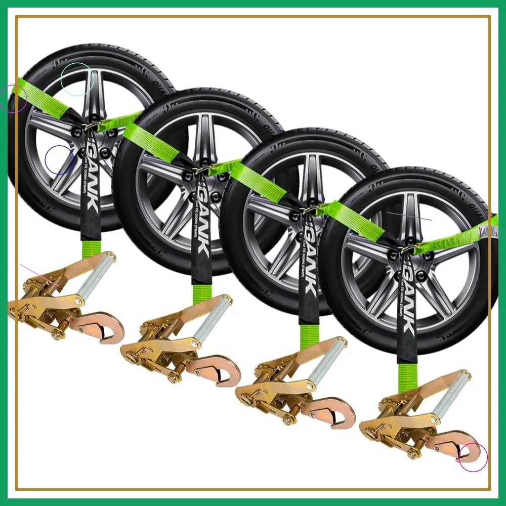

4 Pack 2"x96" Car Tie Down Straps for Trailers with Tire Strap, 3,300lb SWL, Adjustable Snap Hooks (Green)
