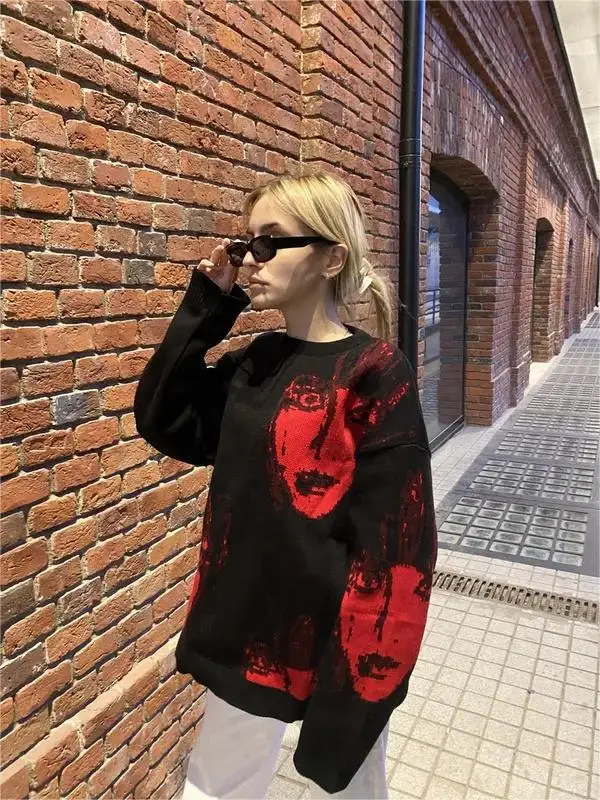 Y2k Vintage Knitted Sweater Harajuku Ukiyo-e Style Portrait Graphic Pullover 2024 Autumn Punk Streetwear Women Oversized Sweater