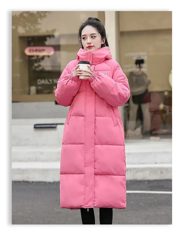 Long Hooded Puffer Coat Women Contrast Collar Warm Quilted Parka Zip‑Up Loose Windproof Winter Outerwear Ladies Padded Jacket