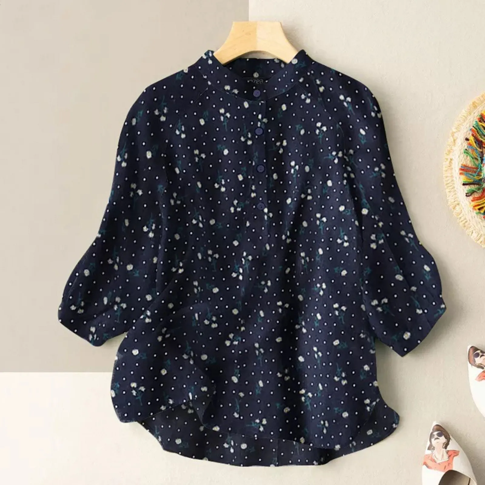 

Women's Spring And Summer Round Neck Button Print Cotton Texture Cotton Shirt Casual Loose Beach Vacation Fashion Women's Blouse