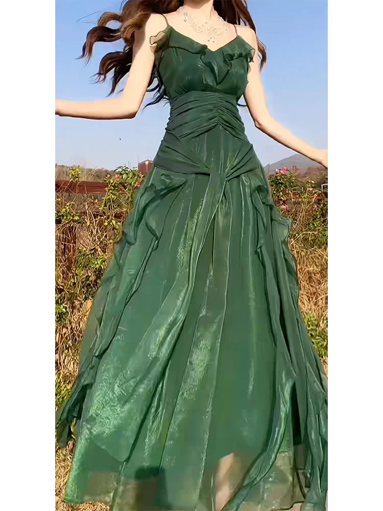 

2024 New Design Sense Stitching Dress Exquisite Ruffled Spaghetti Straps Long Dress Gown