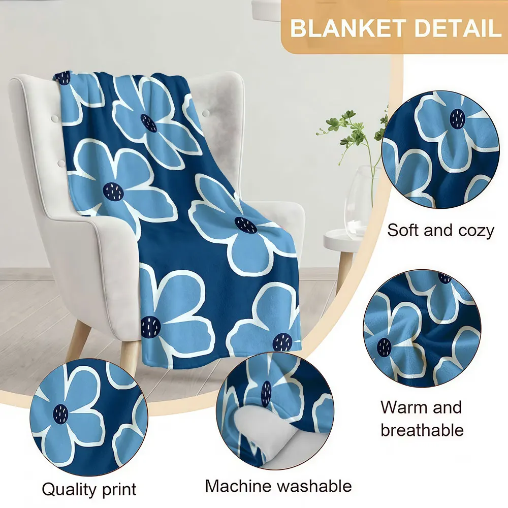 Blue Rose Floral Soft Warm Flannel Blanket Lightweight Cozy Christmas Halloween Home Decor Room