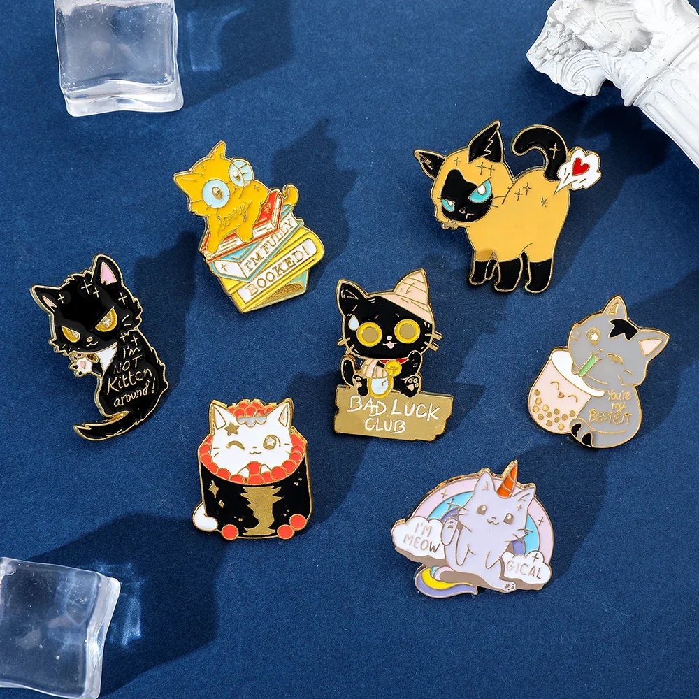 7 Pcs Cartoon Cat Brooch Cute Unicorn Love Animal Enamel Pin Fashion Milk Tea Book Metal Badge Jewelry Backpack Clothing