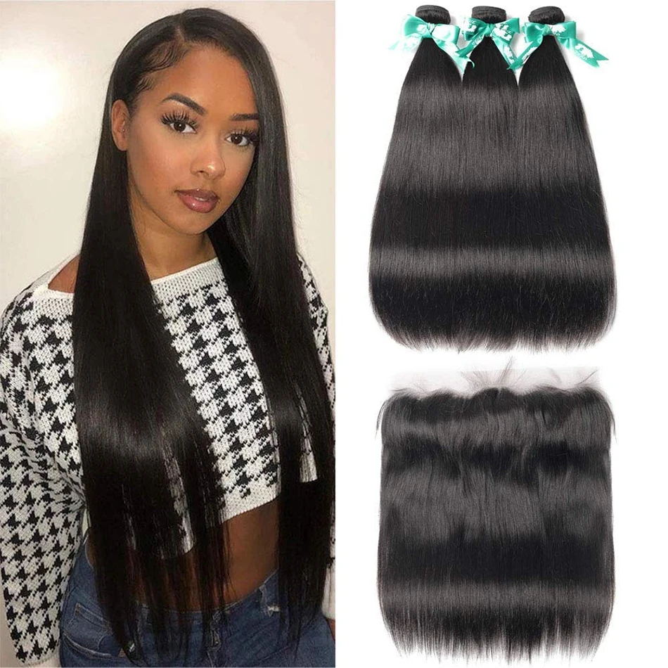 

Straight Human Hair 3 Bundles with Frontal 13x4 Ear To Ear HD Lace Frontal Closure Brazilian Virgin Human Hair Pre-Plucked 1B