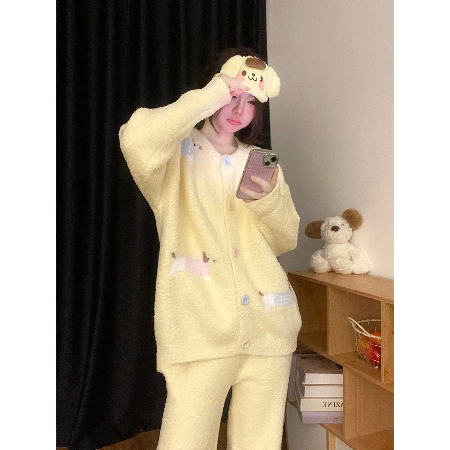 المرجان الصوف ملابس خاصة النساء شتاء دافئ أصفر سترة السراويل ملابس المنزل المرأة طالب الحلو المتسكعون منامة مجموعة