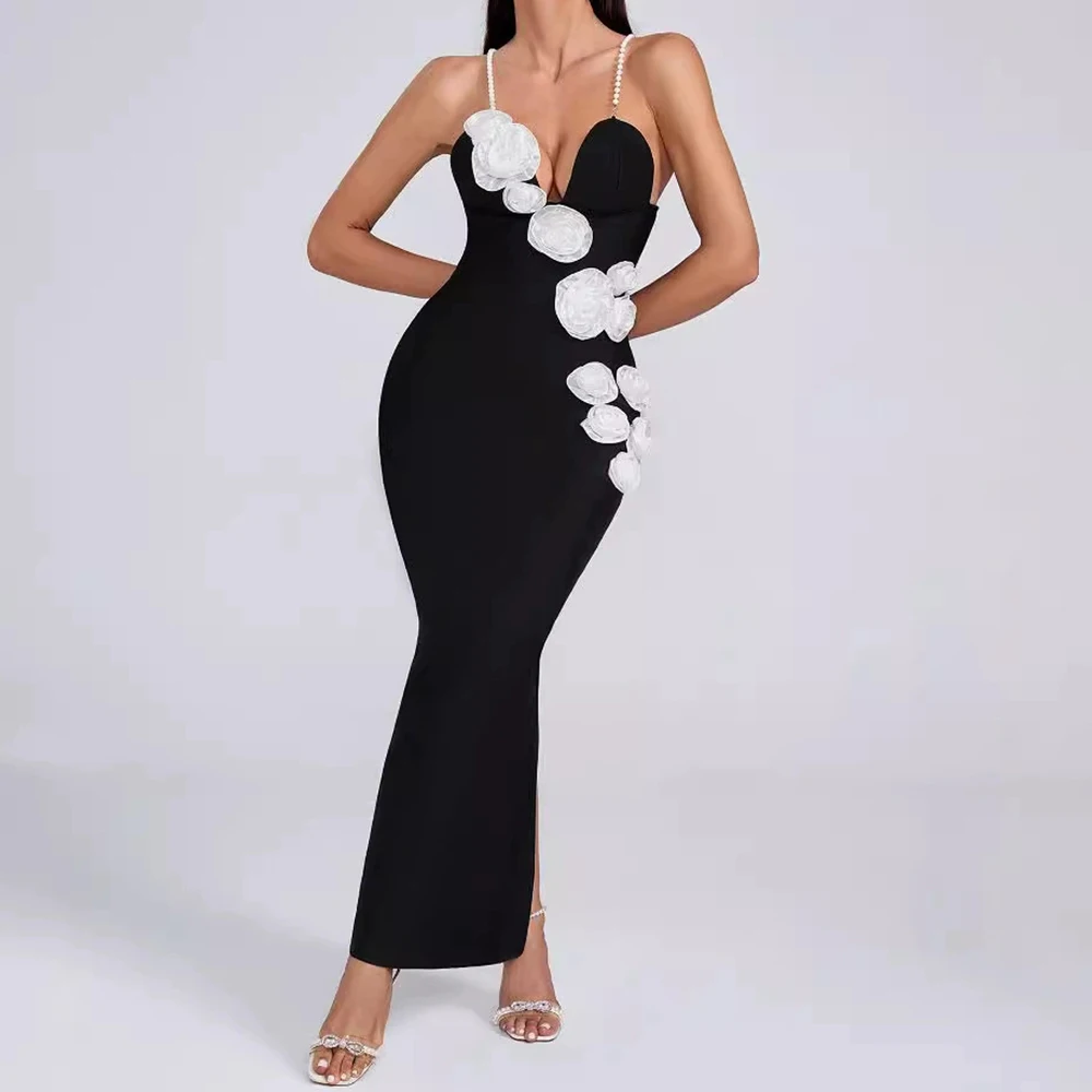 

Internet celebrity three-dimensional flower bandage dress black elegant dress beaded suspenders backless long dress-GZXX867
