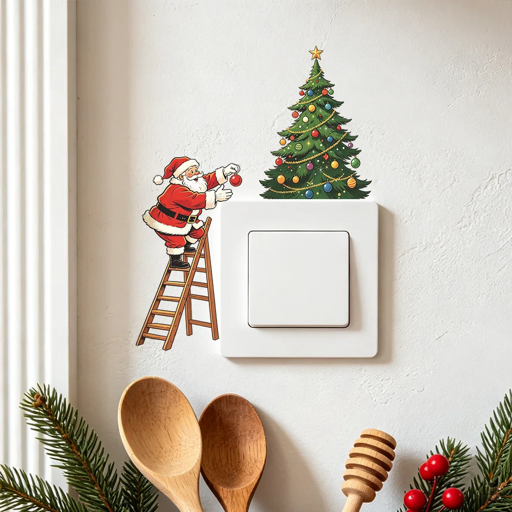 Climbing Ladder Santa Claus Christmas Tree Switch Sticker, Home Wall Decal for Living Room Entryway, Xmas Wall Decor
