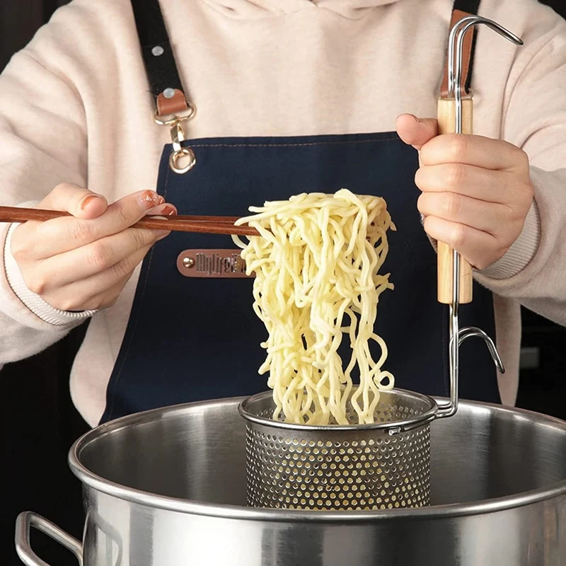 2 Pack Pasta Basket,Stainless Steel Mesh Spider Strainer Noodle Strainer Basket with Wooden Handle for Pasta, Noodle Retail