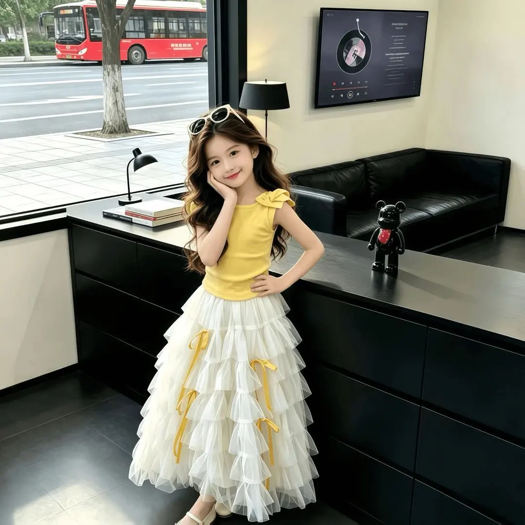 

Girls' Summer Set Fashion New Style Children's Fashion Sweet Sleeveless Top+Yarn Skirt Two Piece Set 120-170cm