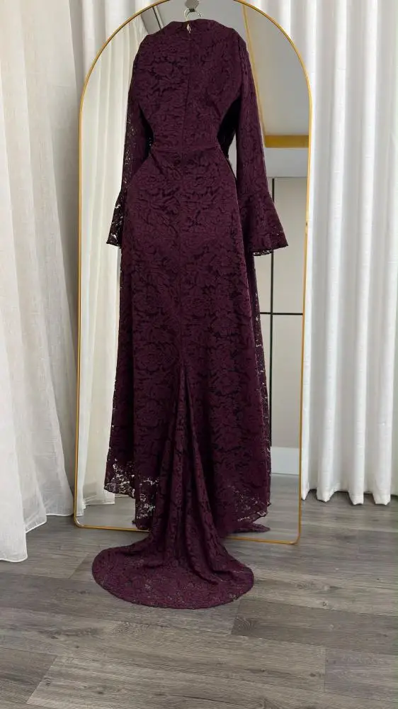 Customized Burgundy Full Lace Prom Dress for Guest Square  Neck Flare Sleeve Mermaid Party Gown Ruffles Detail Formal Maxi Dress