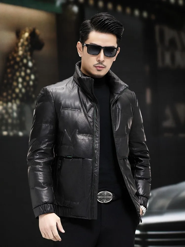 Genuine Leather Jacket Men Winter Stand Collar White Duck Down Coat Business Work Thick Warm Overcoat Slim Fit Cowhide Jacket