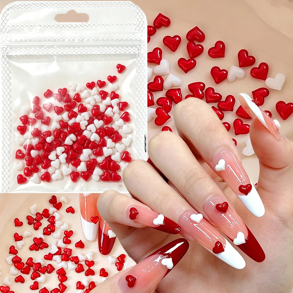 100/200pcs Mini Red White Heart Nail Charms 3D Resin Love Valentine's Day Nail Rhinestones 5x4mm Sweet Love Heart Nail Decoratio