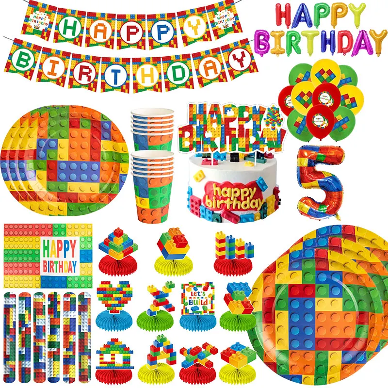 Blocs de construction décoration d'anniversaire jouets pour garçons vaisselle jetable tasses assiettes ballons bannière sacs cadeaux pour enfants faveur d'anniversaire