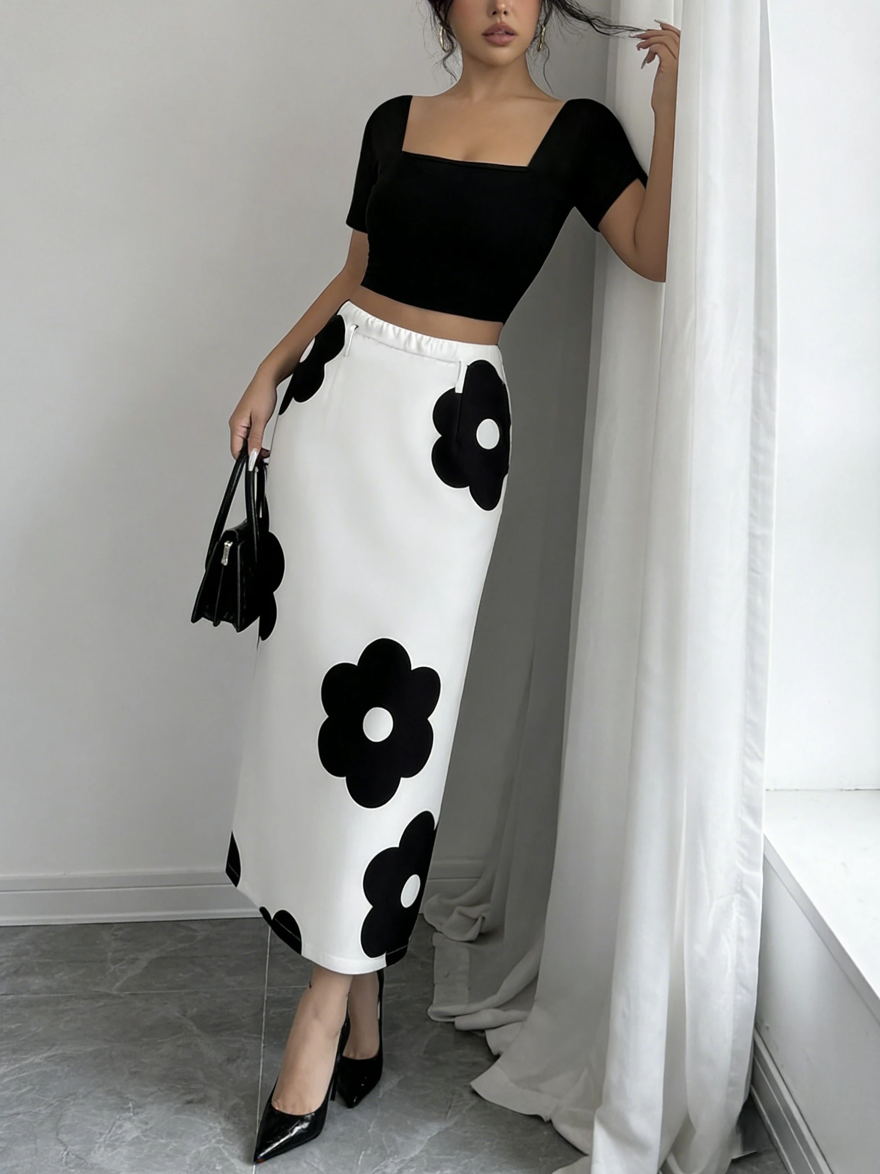 여성용 꽃무늬 프린트 스퀘어 넥 크롭 탑 미디 스커트 - Midi Skirt Floral 리뷰 및 가격
