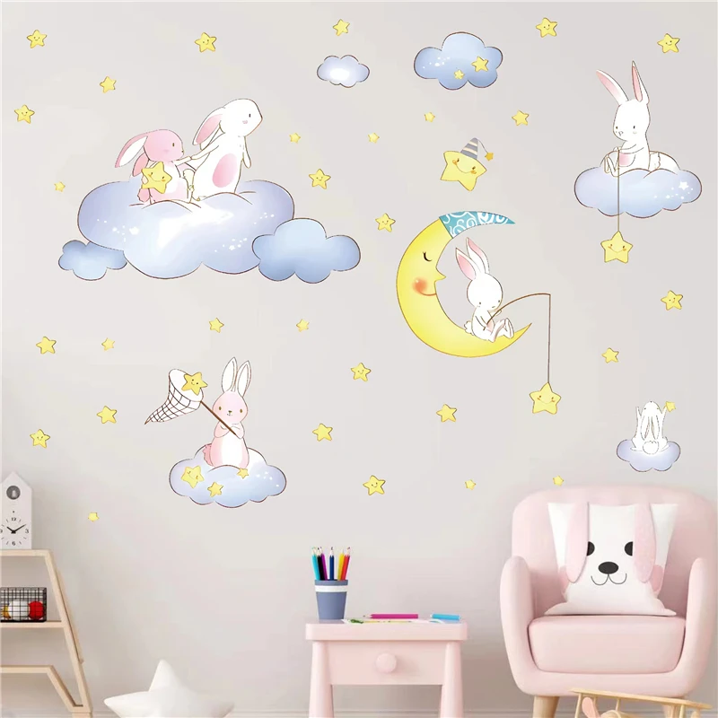 Lovely Rabbit Fishing Wandering In Sky Wall Stickers For Kids Bedroom Decor Animals Mural Art Diy Home Decal Pvc Poster
