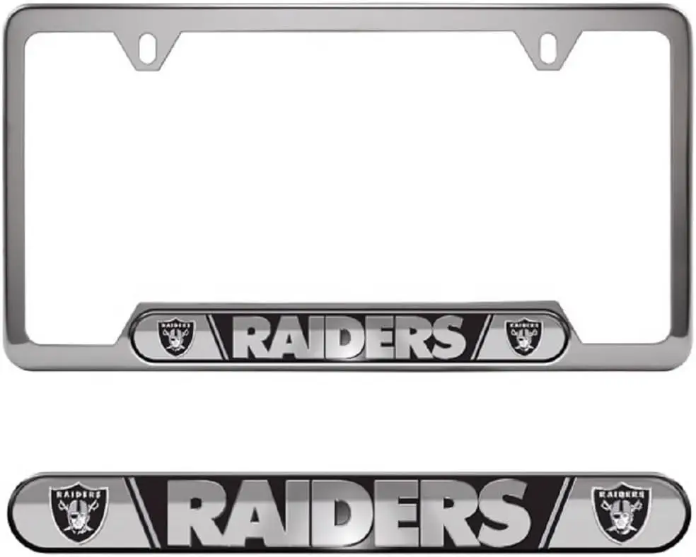FANMATS 31717 Las Vegas Raiders Embossed License Plate Frame, Stainless Steel Frame with Stamped Aluminum Team Logo Inserts, 6.2