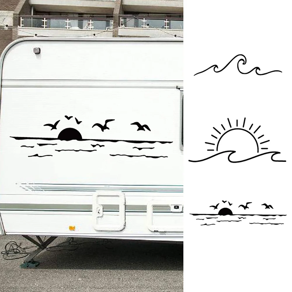 For Camper RV Decal Wave Vinyl Sticker Beach Sunset Decals Car Window Decoration, Sunset Over Ocean Scene Stickers Laptop Decor