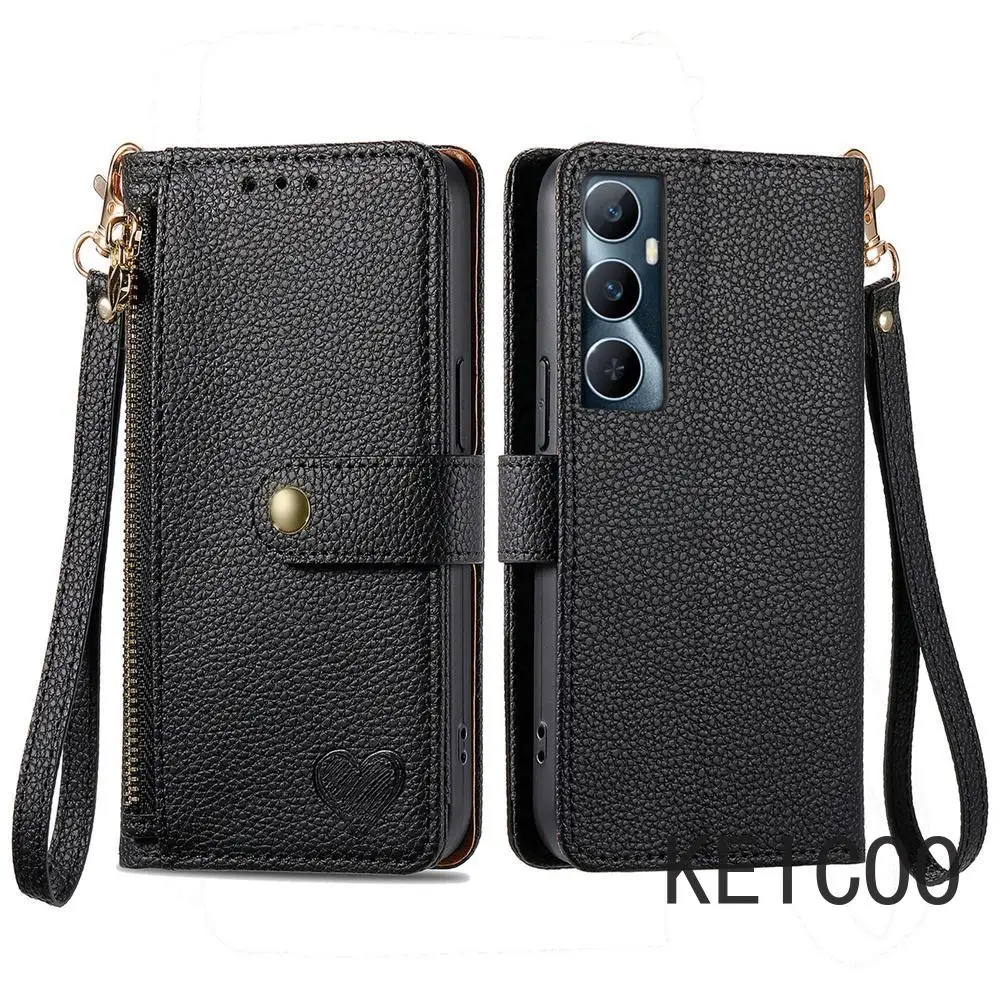 For Oppo A2 K11 K11x A58 A78 Realme 10 11 11X C65 Note 50 Pro Plus 4G 5G Zipper Wallet Clip Flip Cover Card Slots Lanyard Shell