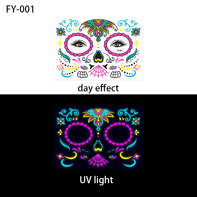 Day of the Dead Fluorescent Sticker Temporary Tattoos Waterproof Skin Tattoos for Face Party Music Concert Bar Halloween Tattoo