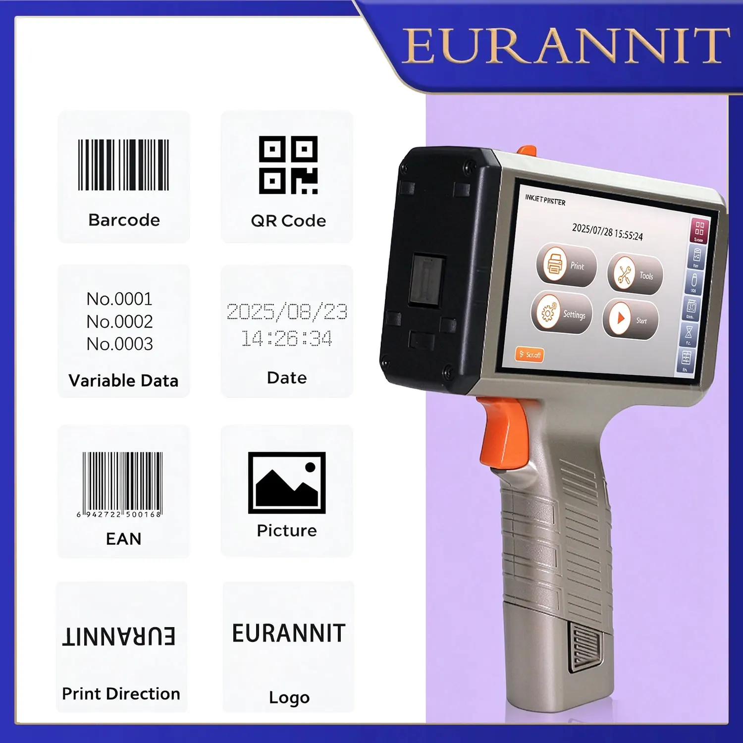 EURANNIT 12.7MM Handheld TIJ Thermal Inkjet Printer with Quick-drying Ink Cartridge QR Code Data Matrix Batch Number Logo
