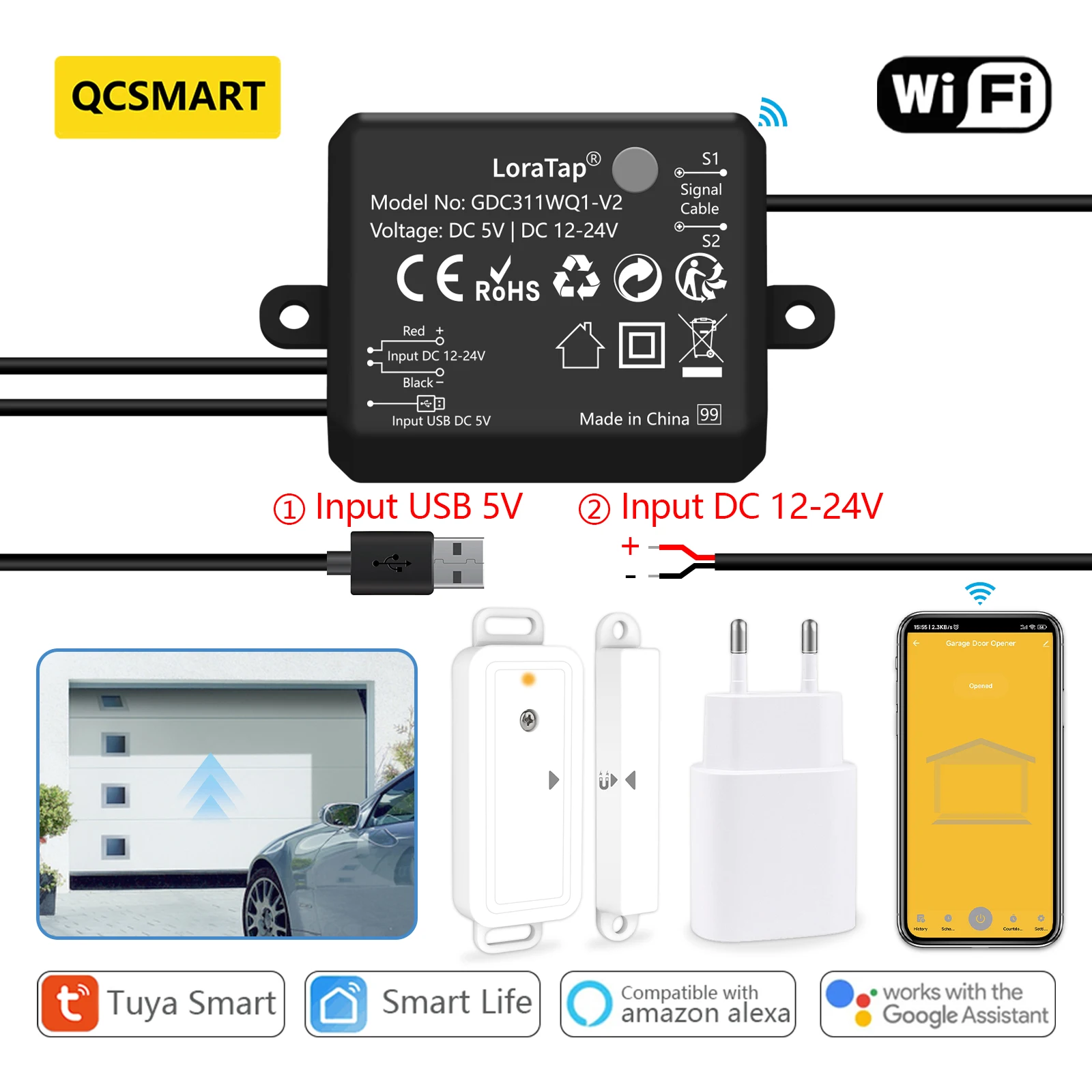 QCSMART Tuya Smart Life Garage Door Wireless Sensor Opener Controller Dry Contacts USB Charger Remote Control Google Home Alexa