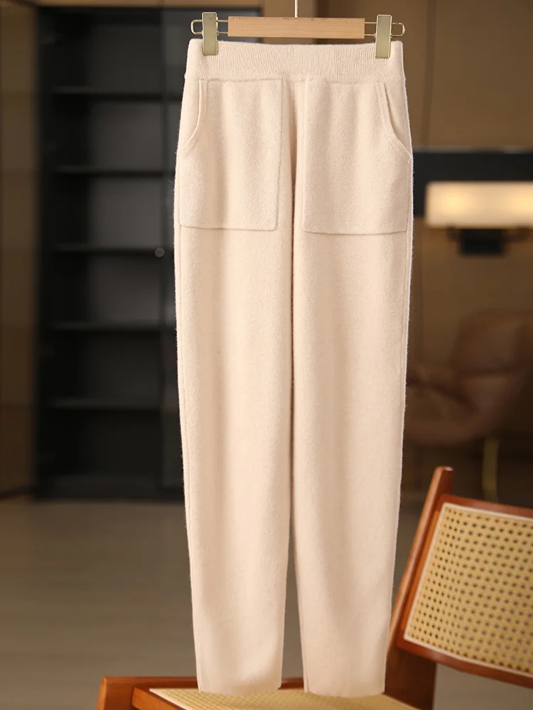 New Classy Autumn Winter Soft Thick Warm Wool Women Pencil Pants Woman 100% Merino Wool Trousers Elastic Waist Knited Wool Pants