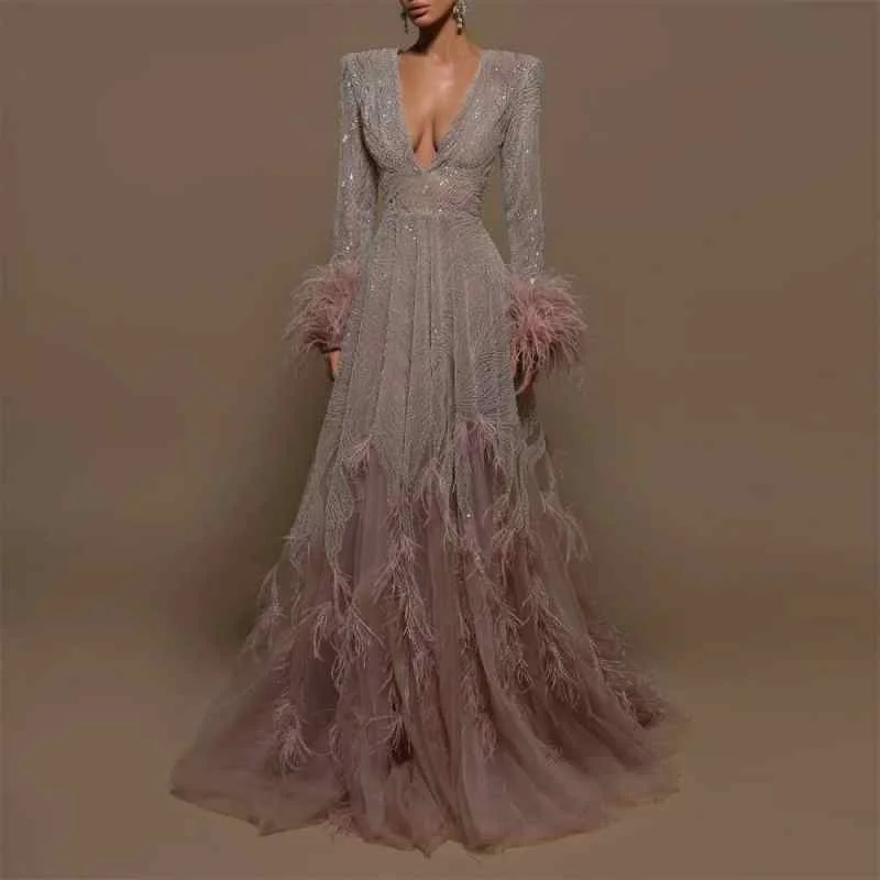 Chic Feathers V-Neck Evening Dresses Elegant Women Long Sleeve Chapel Train Special Event Gowns Customized Luxury Prom Dress