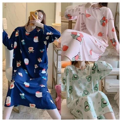 Women Summer One Piece Dress Long-sleeved O-neck Pajamas Thin Elastic Loose Soft Cartoon Printing Long Skirt Big Size Nightwear