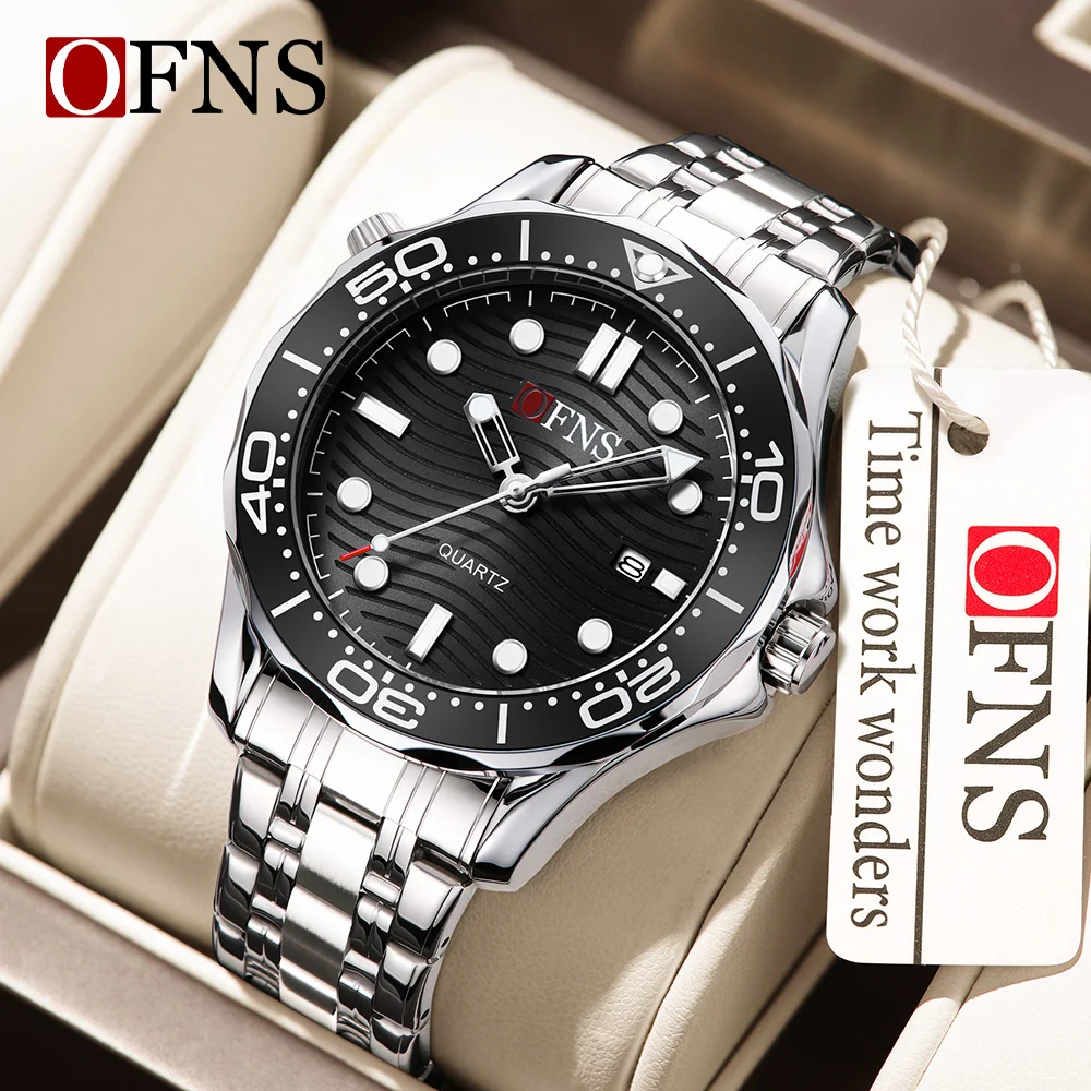 OFNS 7102 Fashion Men's Steel Strap Watch Waterproof Strap Calendar Night Light Men's Watch Rotating bezel Men's Quartz Watch