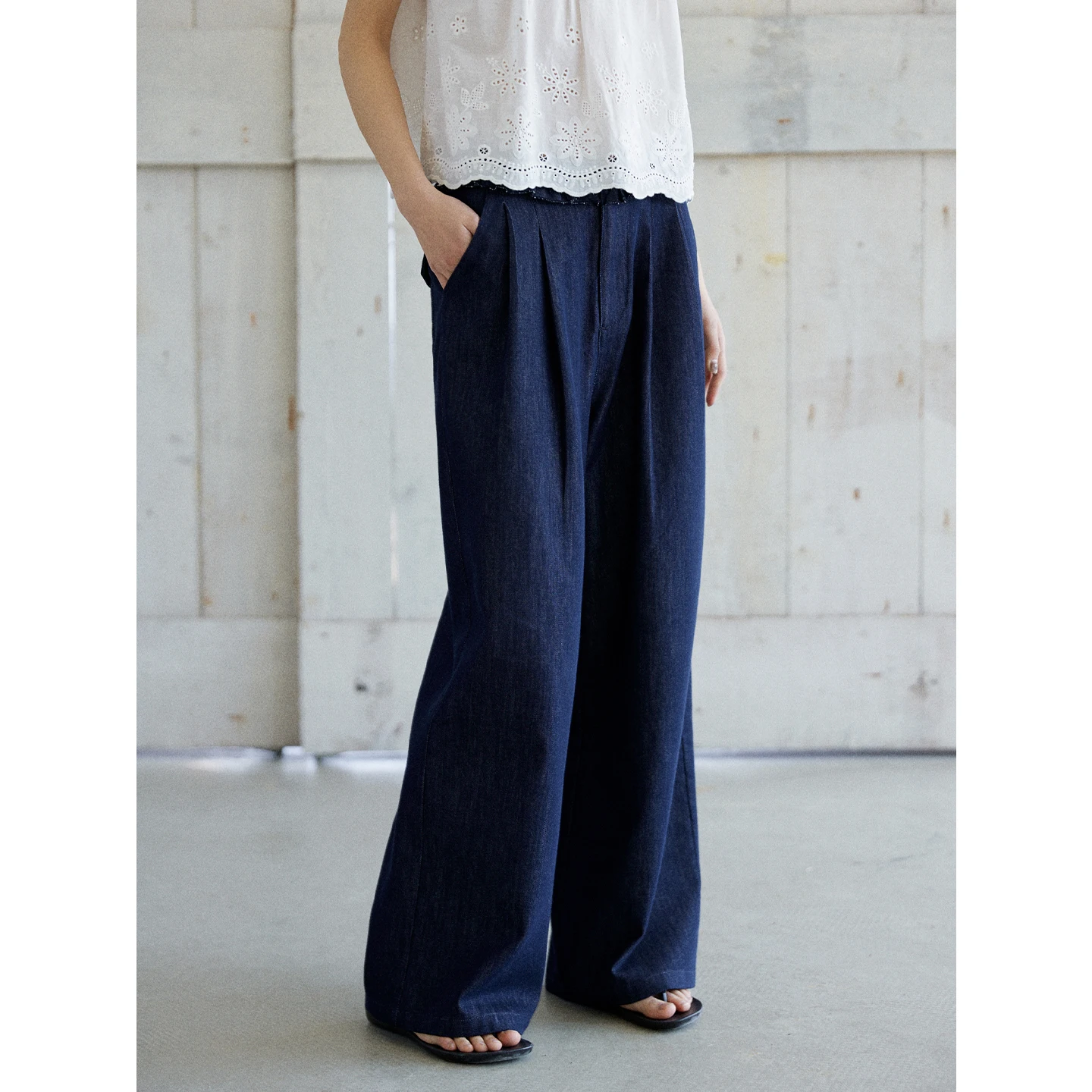 

High Waist Wide Leg Denim Jeans Women Summer Deep Blue Gauzy Slimming Long Pants MIXABO Money Style Wood Grain