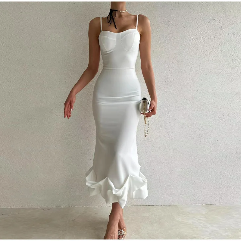 Spaghetti with PROM Dress for Women Camisole Sexy Muslim Dress Women Sleeveless Bodycon Dresses Ruffled Hem Kaftan Abaya Dubai