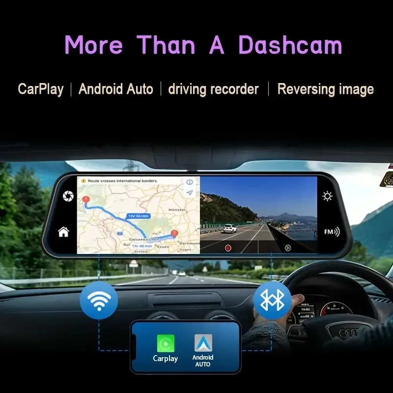 Upgraded 9.66 Full HD CarPlay Screen Mirror Dash Cam – Dual Recording, 24H Parking Mode, Night Vision, Rear Cam Motion Detection