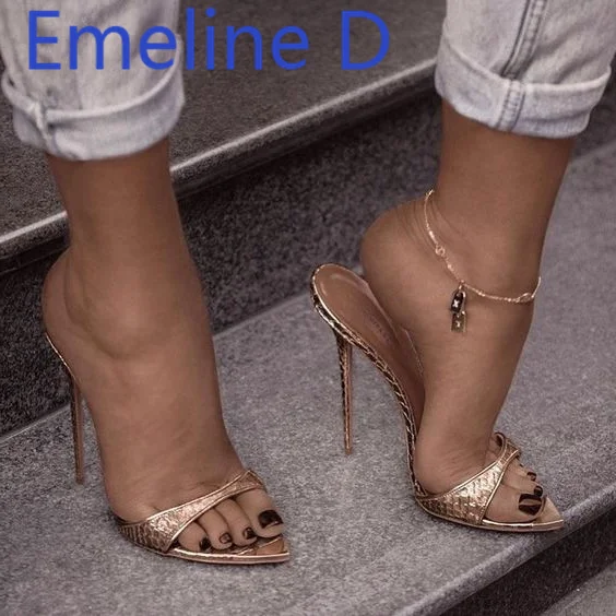 

Golden Snake Patterned High Heels Fashion Sandals Metal Patch Design Simple and Fashionable Slim Heels Fish Mouth Sandals