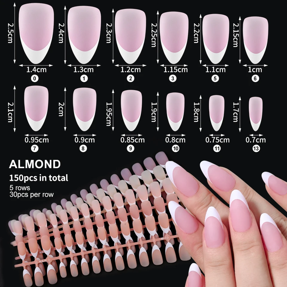 150 piezas uñas postizas francesas prehechas sin cicatriz, ataúd y almendradas, para extensión 6