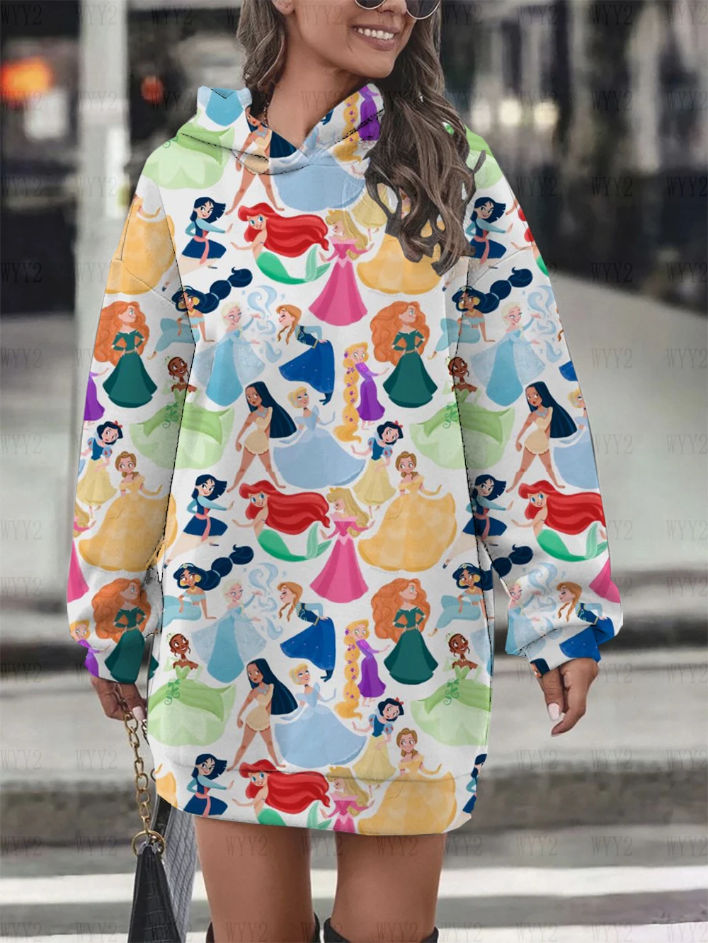 

New Disney women's 2024 street hooded skirt retro fashion print sweatshirt casual long top autumn and winter hoodie